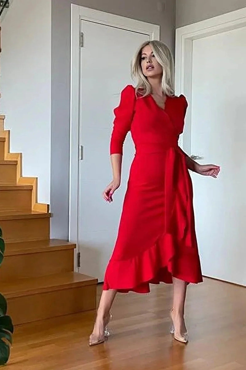 Women's Red Karpuz Sleeve Wrap Crepe Belted Plus Size Ruffled Dress