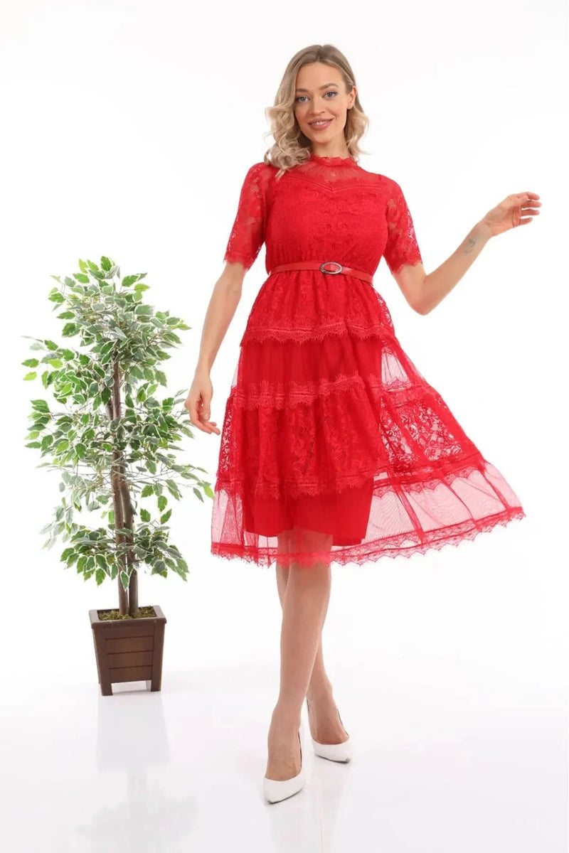 Women's Red Short Sleeve Guipure Evening Gown
