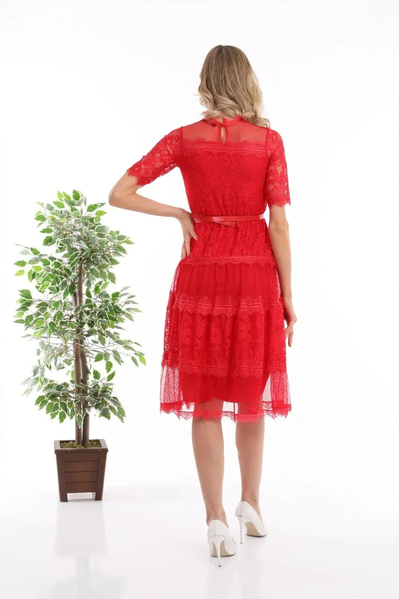 Women's Red Short Sleeve Guipure Evening Gown