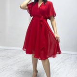 Red Flared Chiffon Short Dress