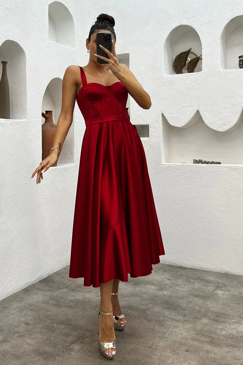 Women's Red Midi Arkadan Tie Gloplu Evening Gown,Balo,Mezuniyet Dresssi