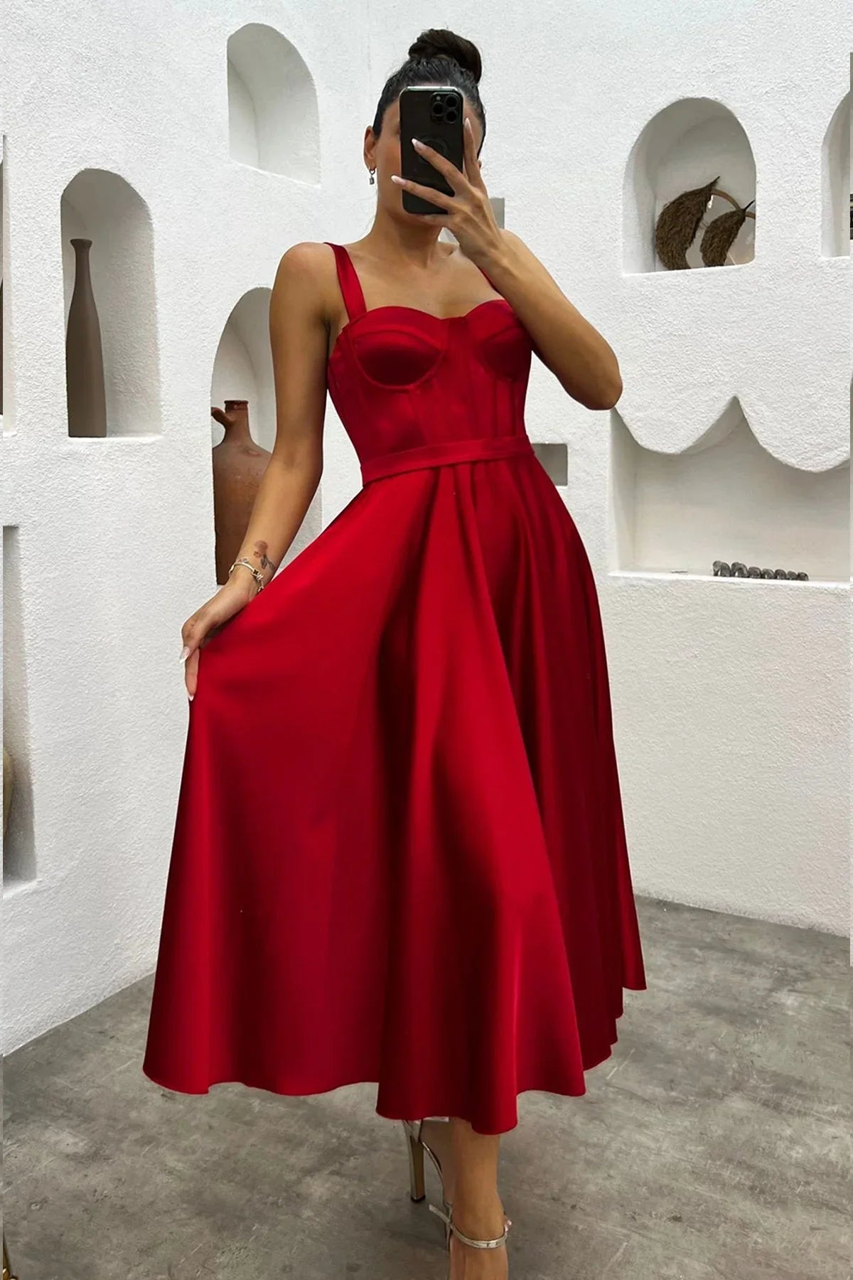 Women's Red Midi Arkadan Tie Gloplu Evening Gown,Balo,Mezuniyet Dresssi