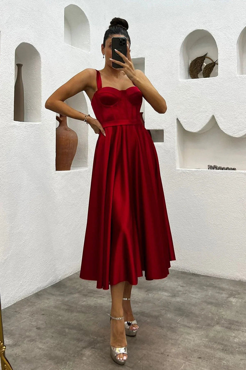 Women's Red Midi Arkadan Tie Gloplu Evening Gown,Balo,Mezuniyet Dresssi