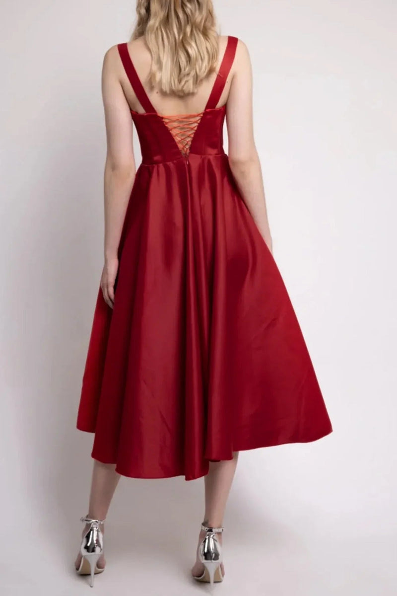 Women's Red Midi Arkadan Tie Gloplu Evening Gown,Balo,Mezuniyet Dresssi