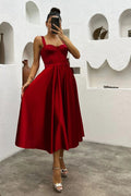 Red Midi Satin Strappy Evening Dress