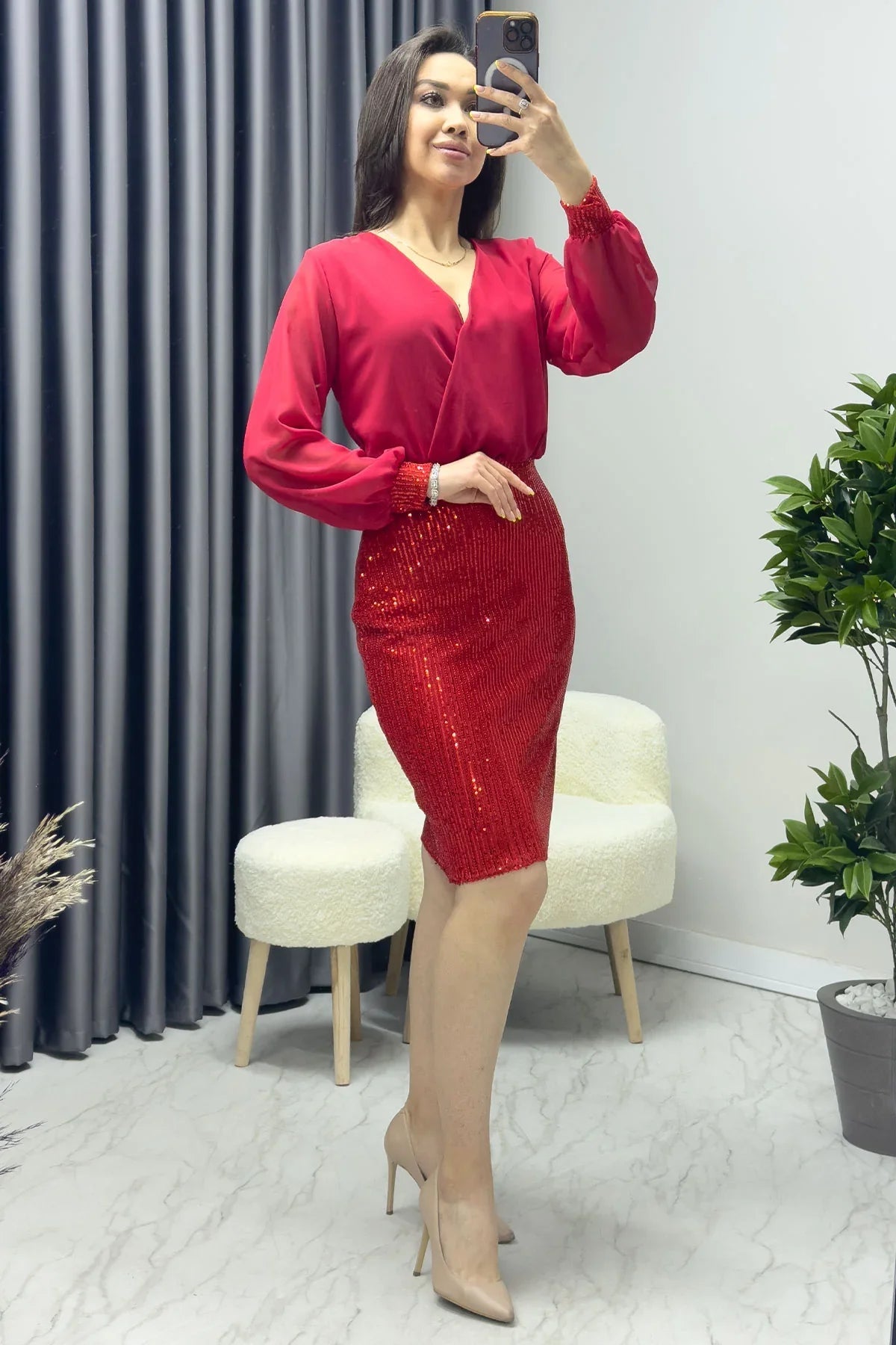 Women's Red Wrap Neck Sequin Evening Gown