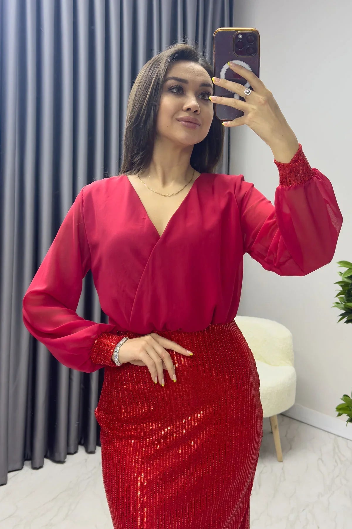 Women's Red Wrap Neck Sequin Evening Gown