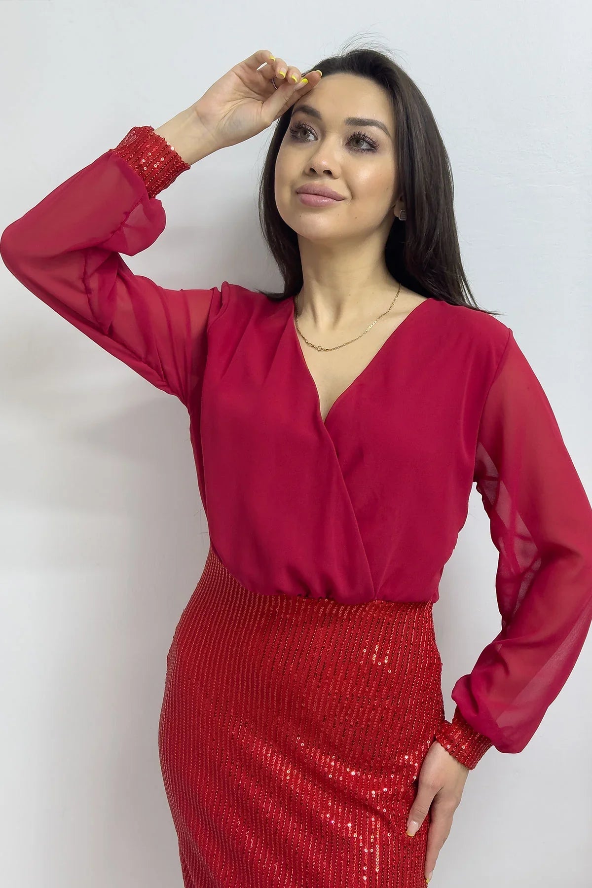 Women's Red Wrap Neck Sequin Evening Gown