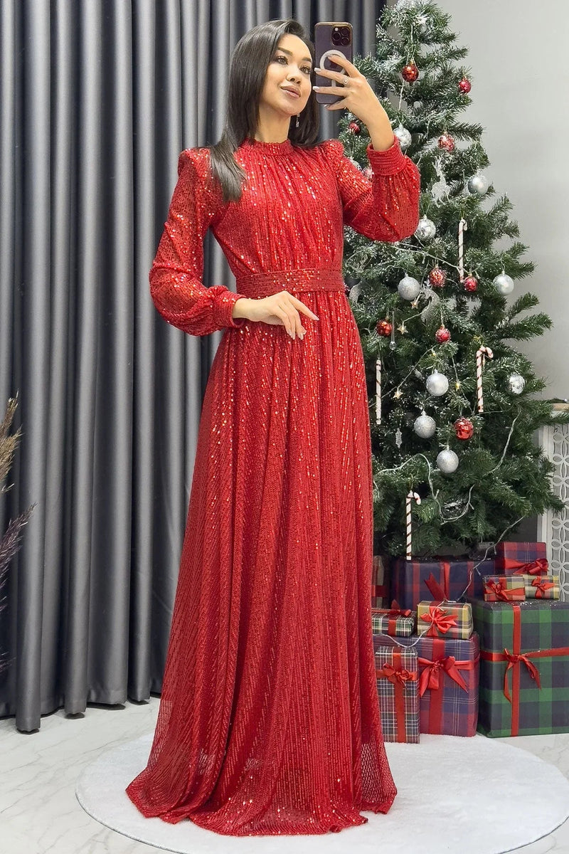 Women's Red Sequin Büzgü Detail Maxi Evening Gown - the ZKS