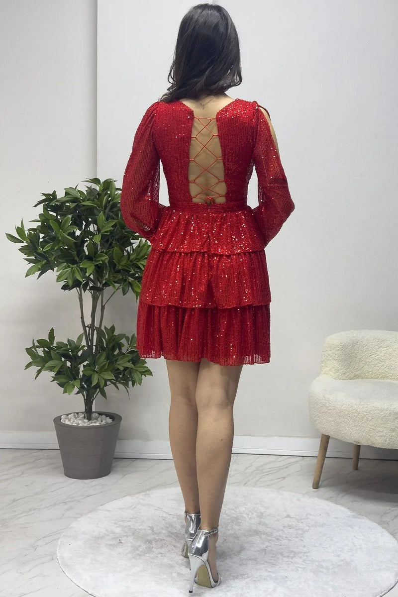 Women's Red Sequin Open Back Mini After Evening Gown - the ZKS