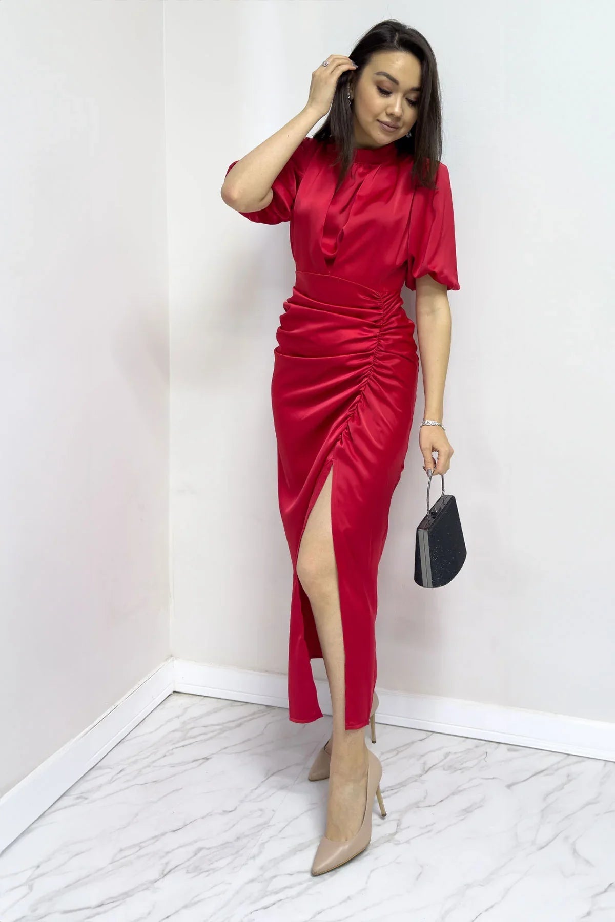 Women's Satin Balloon Sleeve Draped Yırtmaç Detail Evening Gown-Red