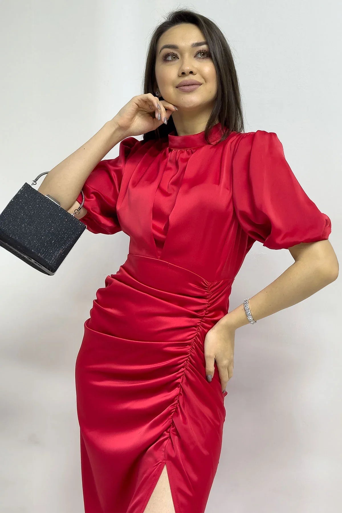 Women's Satin Balloon Sleeve Draped Yırtmaç Detail Evening Gown-Red