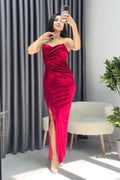 Red Stone-Strapped Maxi Velvet Evening Dress
