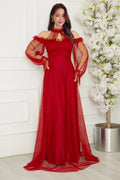 Red Maxi Sleeveless Tulle Evening Dress