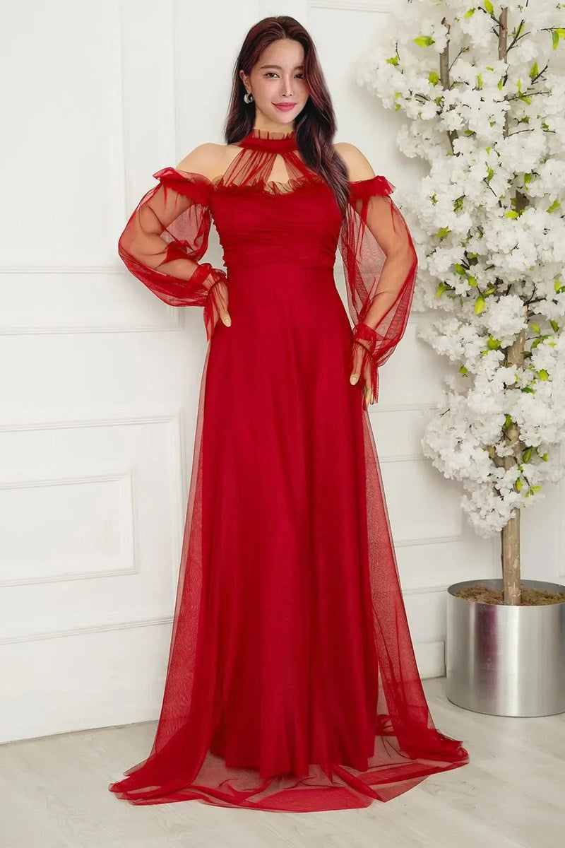 Women's Red Tulle Draped Plus Size Evening Gown
