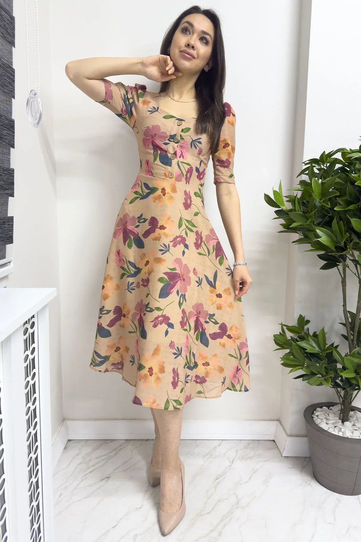 Women's Beige Short Sleeve Summer Çiçek Patterned Dress