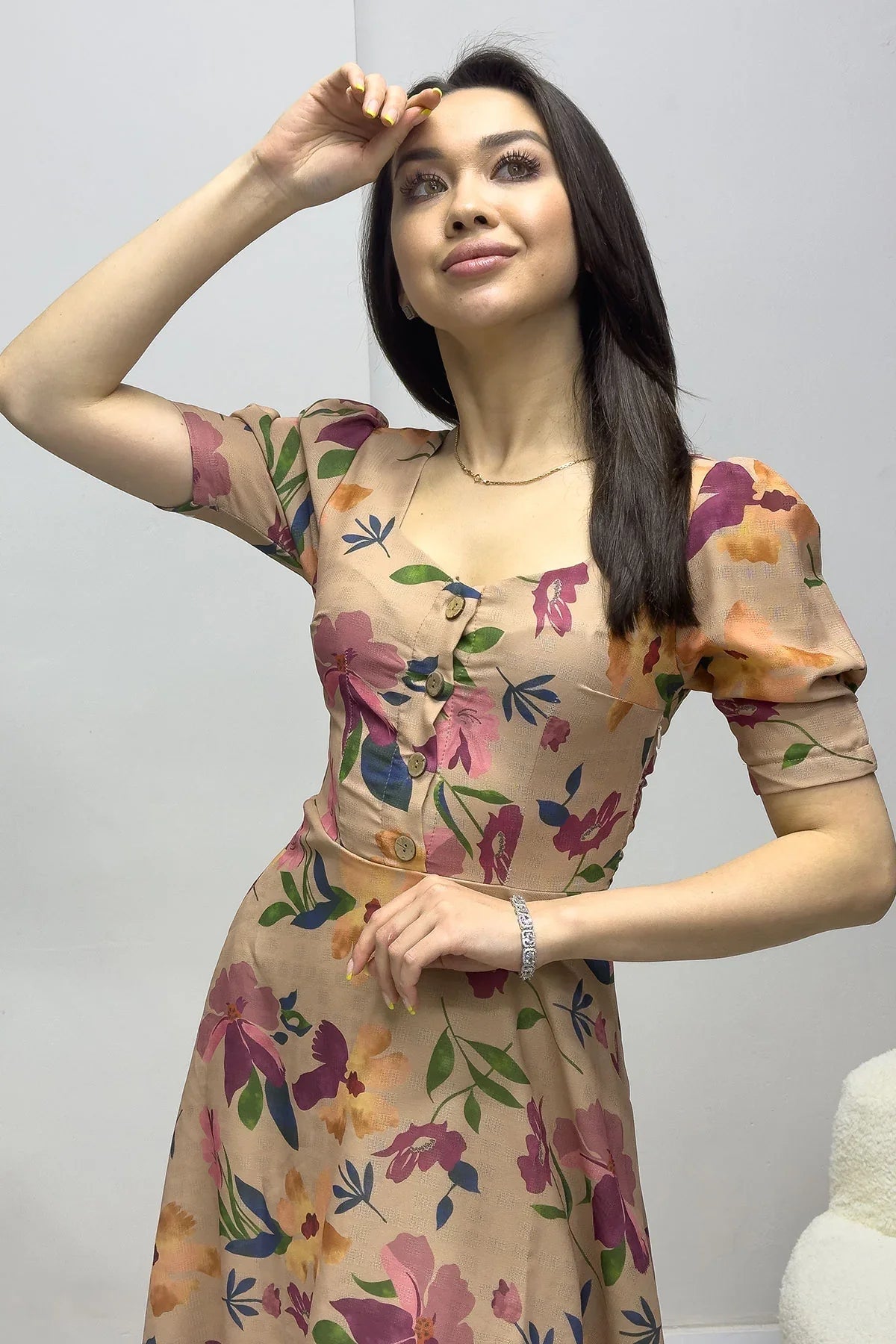 Women's Beige Short Sleeve Summer Çiçek Patterned Dress