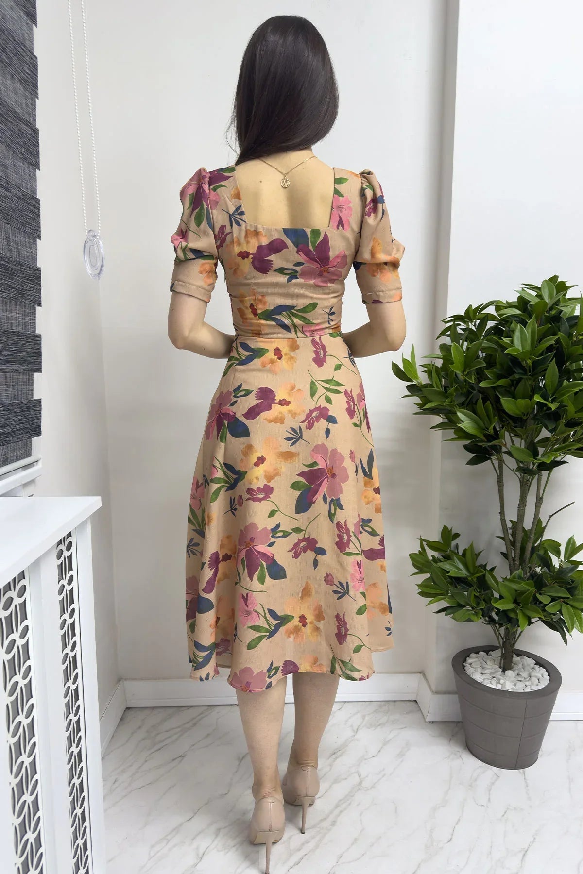 Women's Beige Short Sleeve Summer Çiçek Patterned Dress