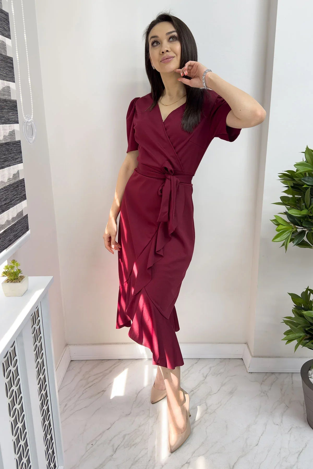 Women's Burgundy Short Karpuz Sleeve Wrap Belted Plus Size Dress