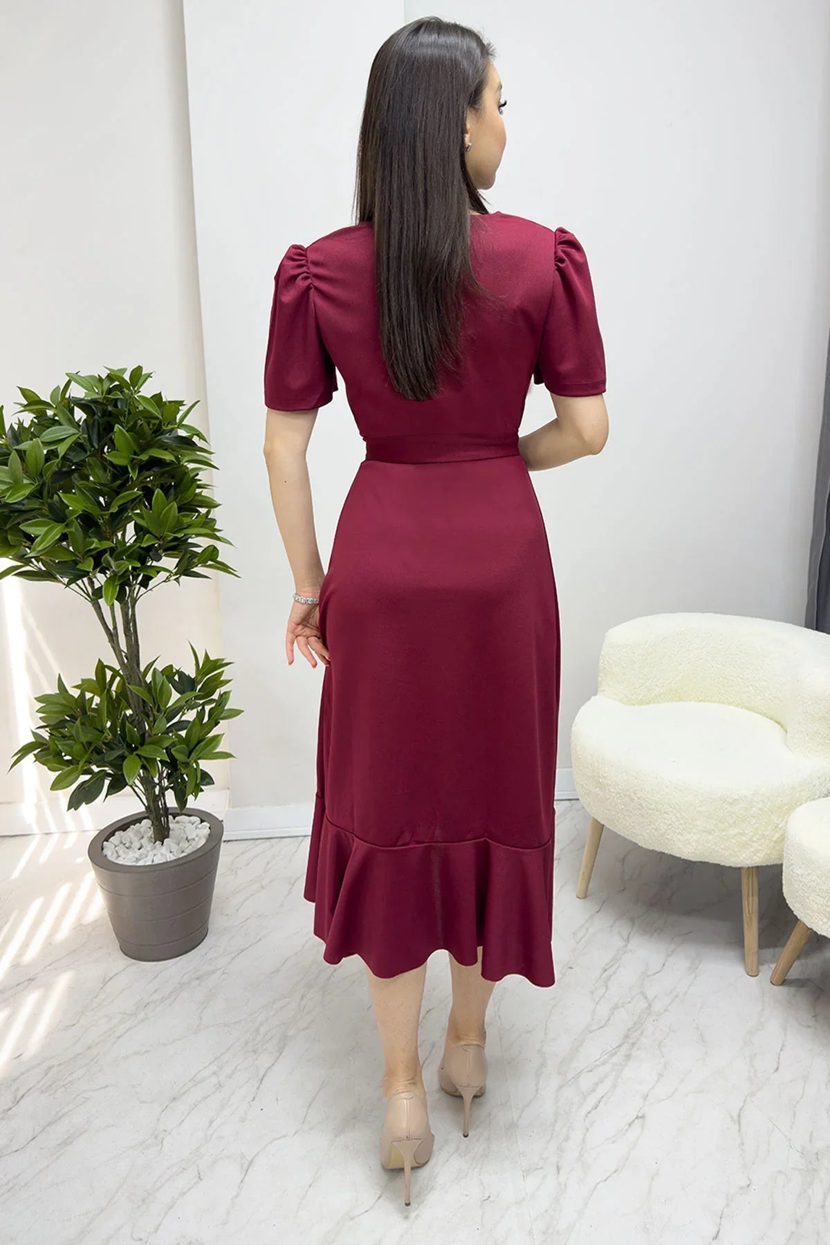 Women's Burgundy Short Karpuz Sleeve Wrap Belted Plus Size Dress