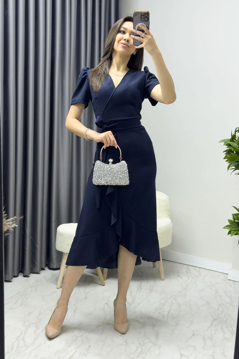 Women's Navy Blue Short Karpuz Sleeve Wrap Belted Plus Size Dress