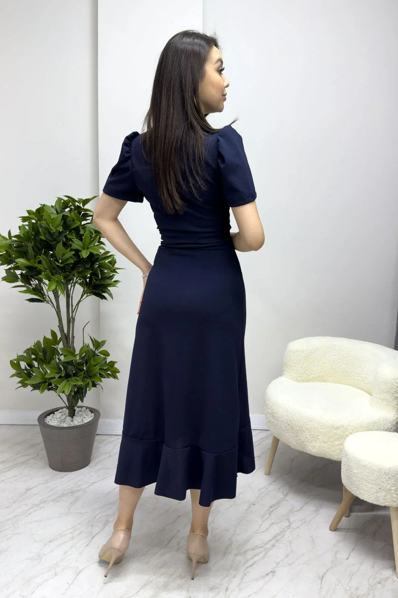 Women's Navy Blue Short Karpuz Sleeve Wrap Belted Plus Size Dress