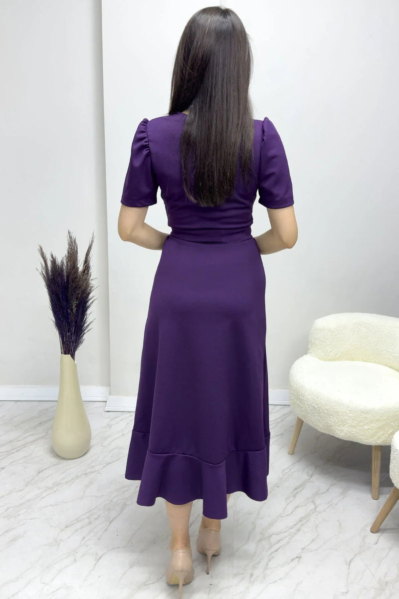 Women's Purple Short Karpuz Sleeve Wrap Belted Plus Size Dress