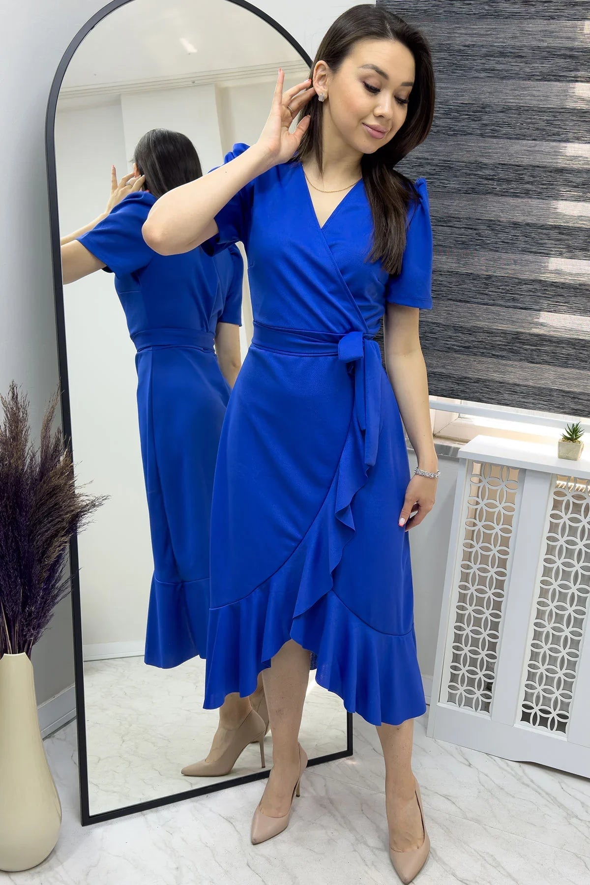 Women's Saxe Bluesi Short Karpuz Sleeve Wrap Belted Plus Size Dress