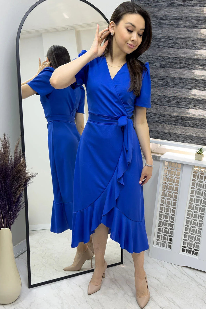 Women's Saxe Bluesi Short Karpuz Sleeve Wrap Belted Plus Size Dress