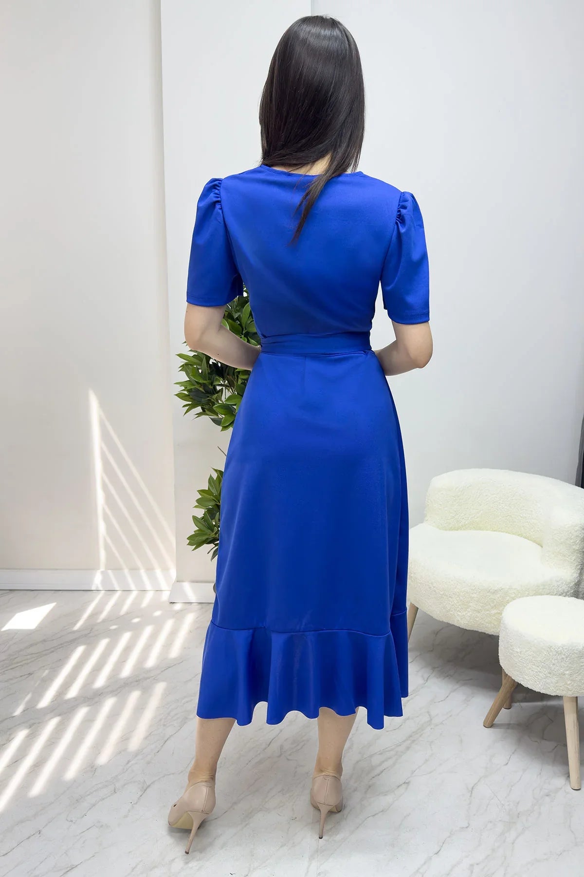 Women's Saxe Bluesi Short Karpuz Sleeve Wrap Belted Plus Size Dress