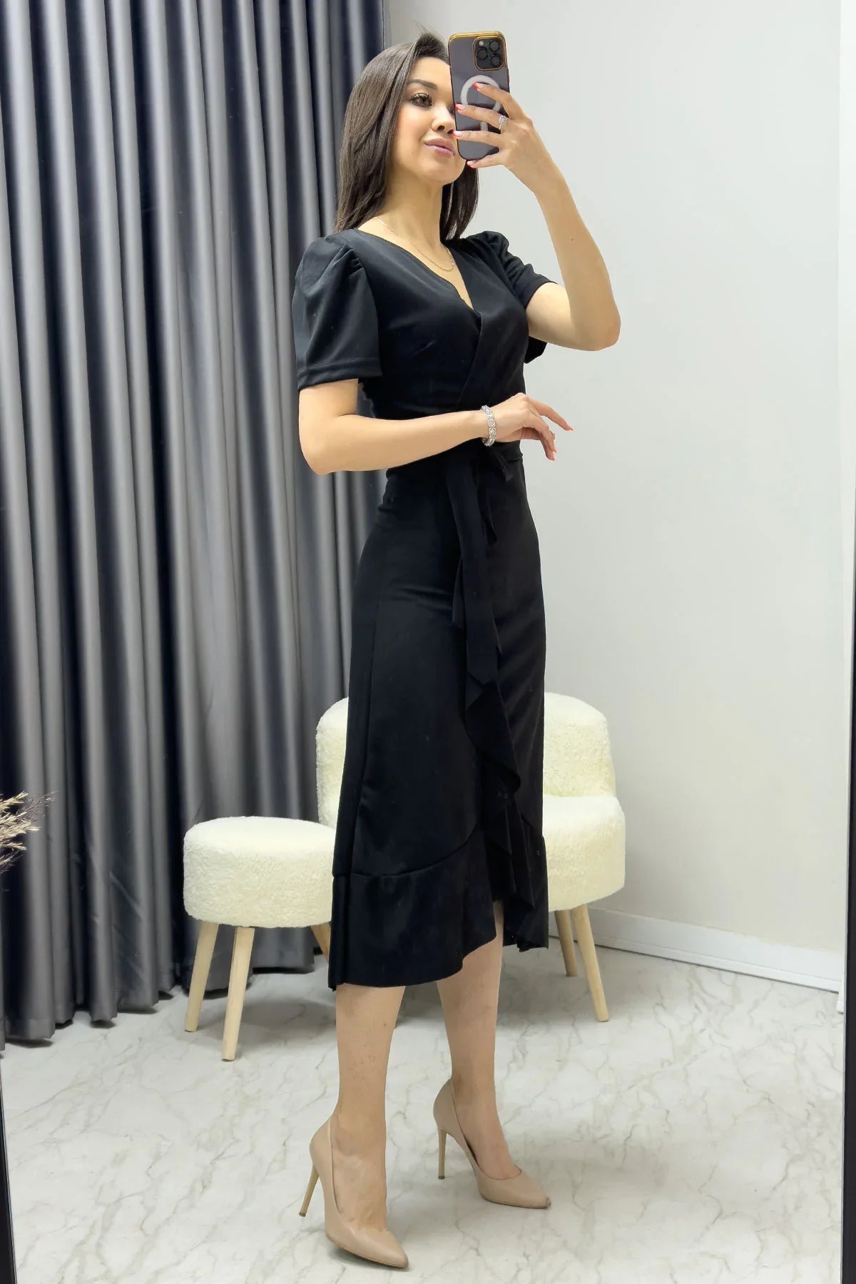 Women's Black Short Karpuz Sleeve Wrap Belted Plus Size Dress