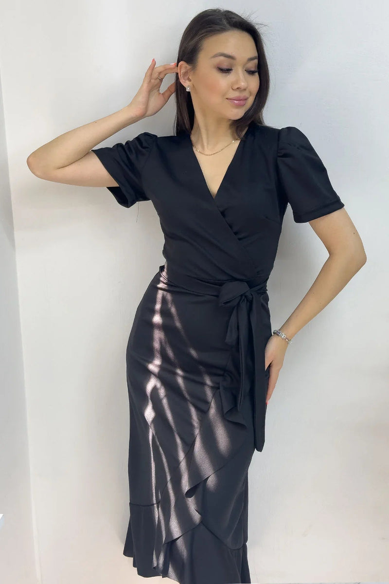 Women's Black Short Karpuz Sleeve Wrap Belted Plus Size Dress