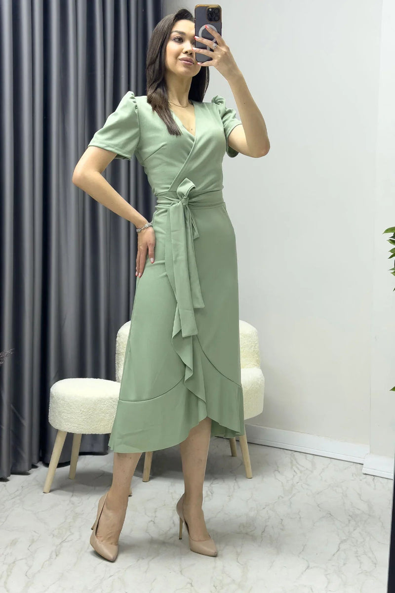 Women's Su yeşili Short Karpuz Sleeve Wrap Belted Plus Size Dress