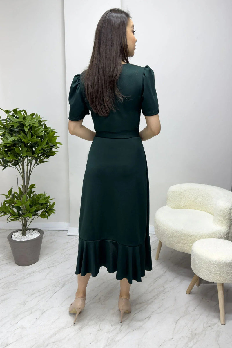 Women's Emerald Green Short Karpuz Sleeve Wrap Belted Plus Size Dress