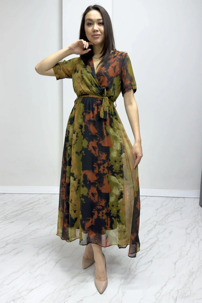 Women's Batik Short Sleeve Wrap Neck Plus Size Chiffon Dress