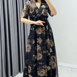 Brown Floral Short-Sleeve Midi Chiffon Dress