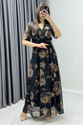 Brown Floral Short-Sleeve Midi Chiffon Dress