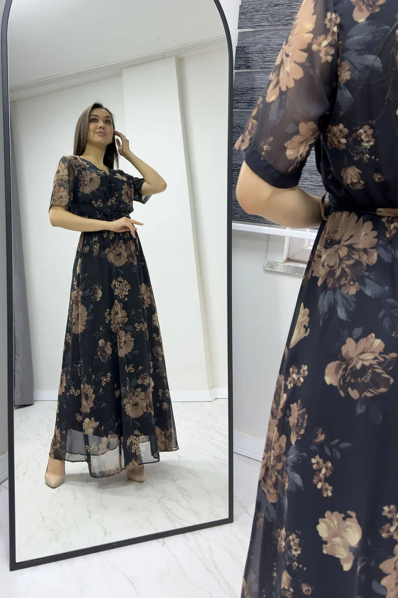 Women's Brown Floral Short Sleeve Wrap Neck Plus Size Chiffon Dress