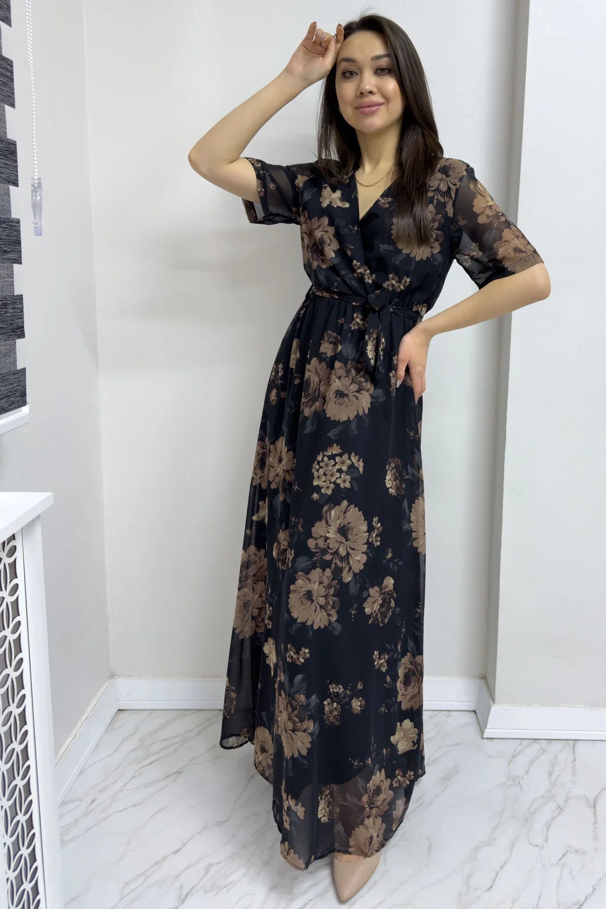 Women's Brown Floral Short Sleeve Wrap Neck Plus Size Chiffon Dress