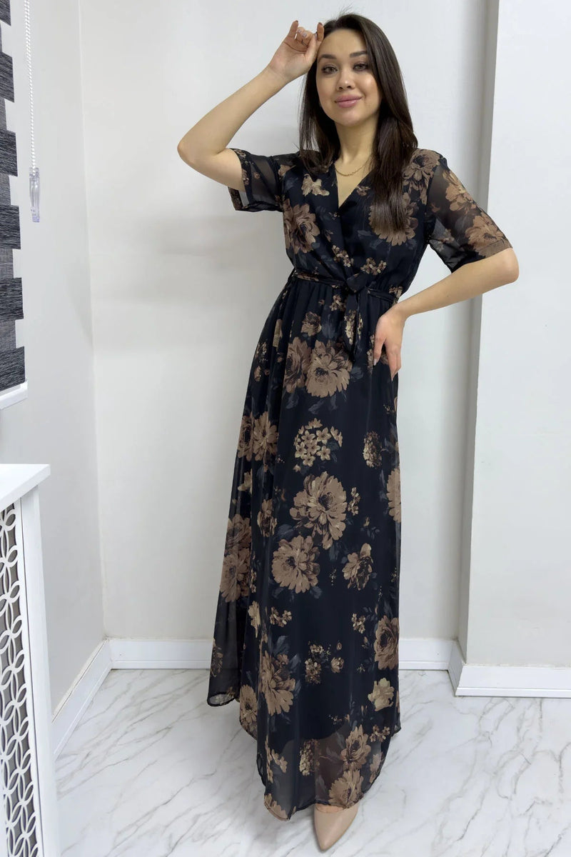 Women's Brown Floral Short Sleeve Wrap Neck Plus Size Chiffon Dress