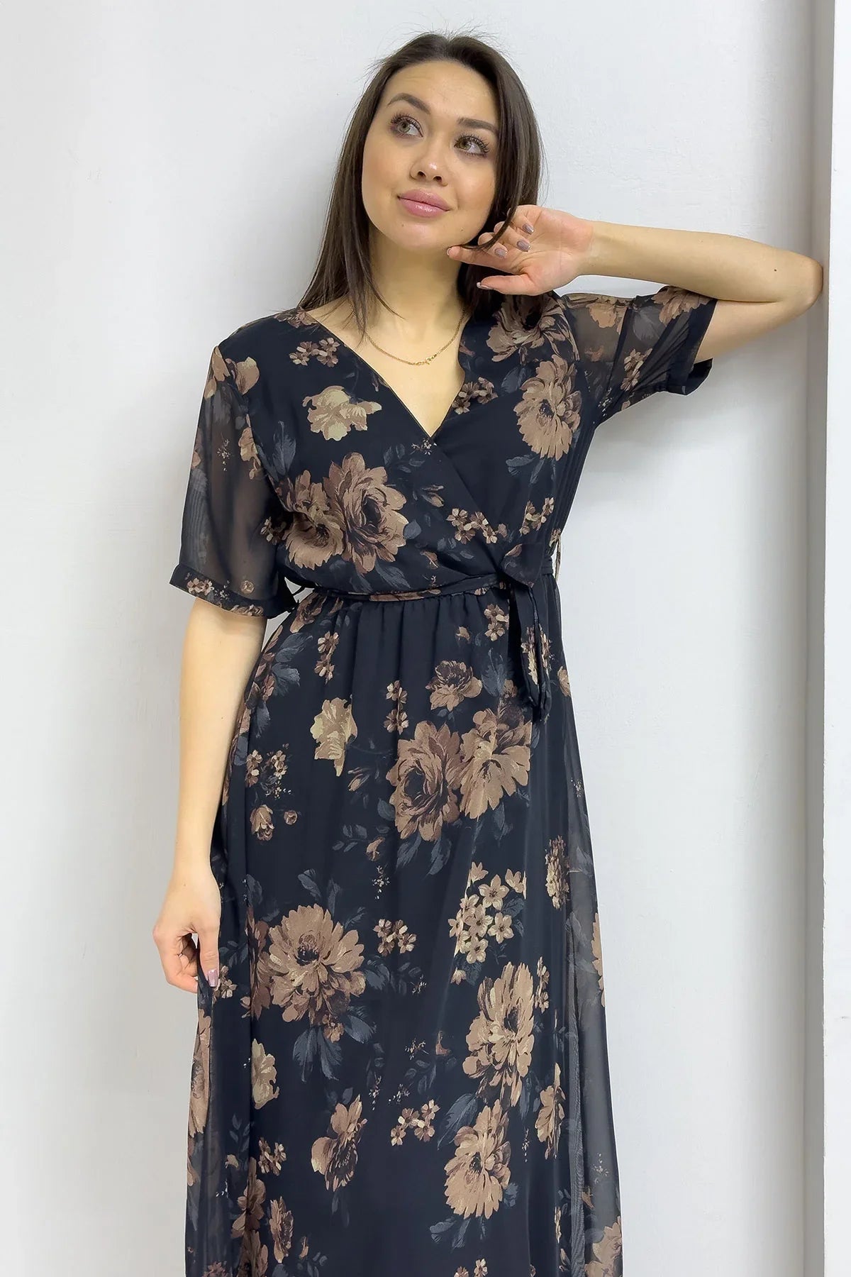 Women's Brown Floral Short Sleeve Wrap Neck Plus Size Chiffon Dress