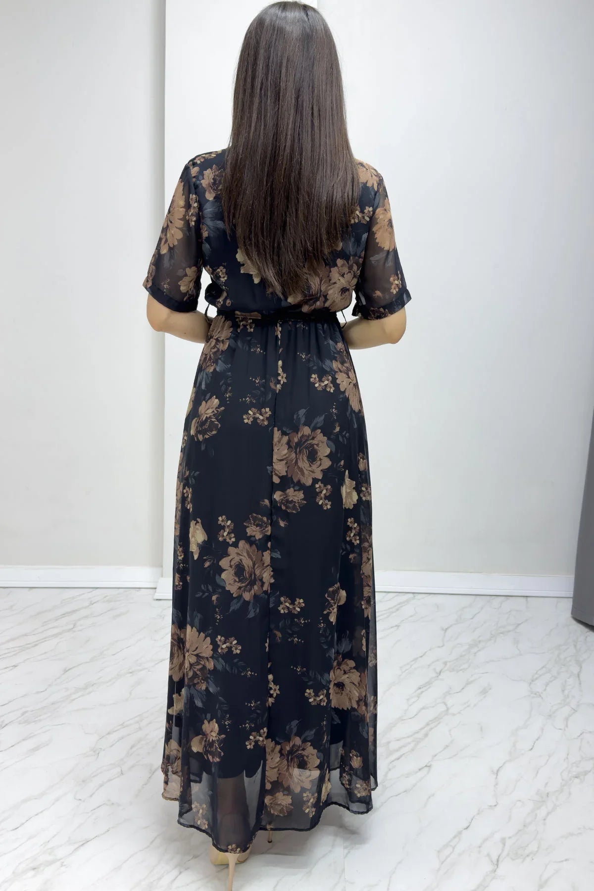 Women's Brown Floral Short Sleeve Wrap Neck Plus Size Chiffon Dress