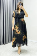 Black Short-Sleeve Midi Chiffon Dress