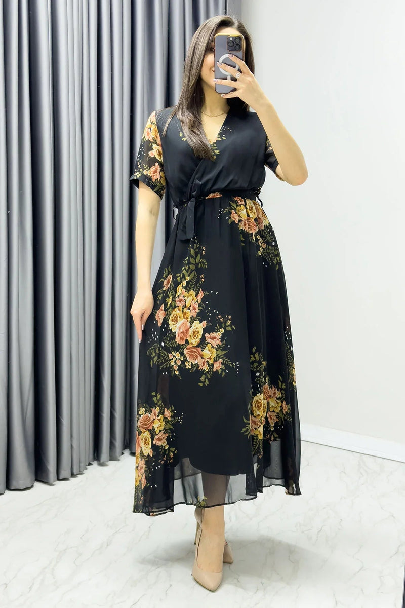 Women's Black Floral Short Sleeve Wrap Neck Plus Size Chiffon Dress