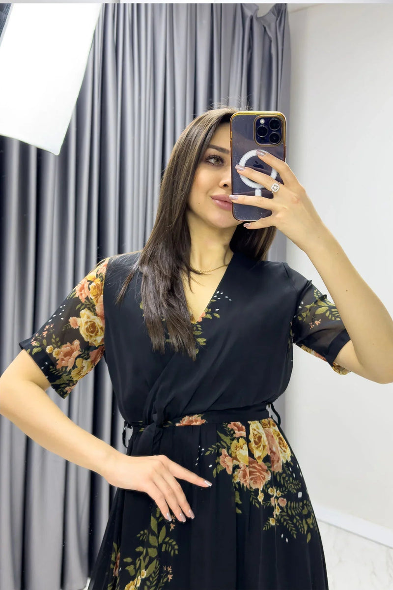 Women's Black Floral Short Sleeve Wrap Neck Plus Size Chiffon Dress