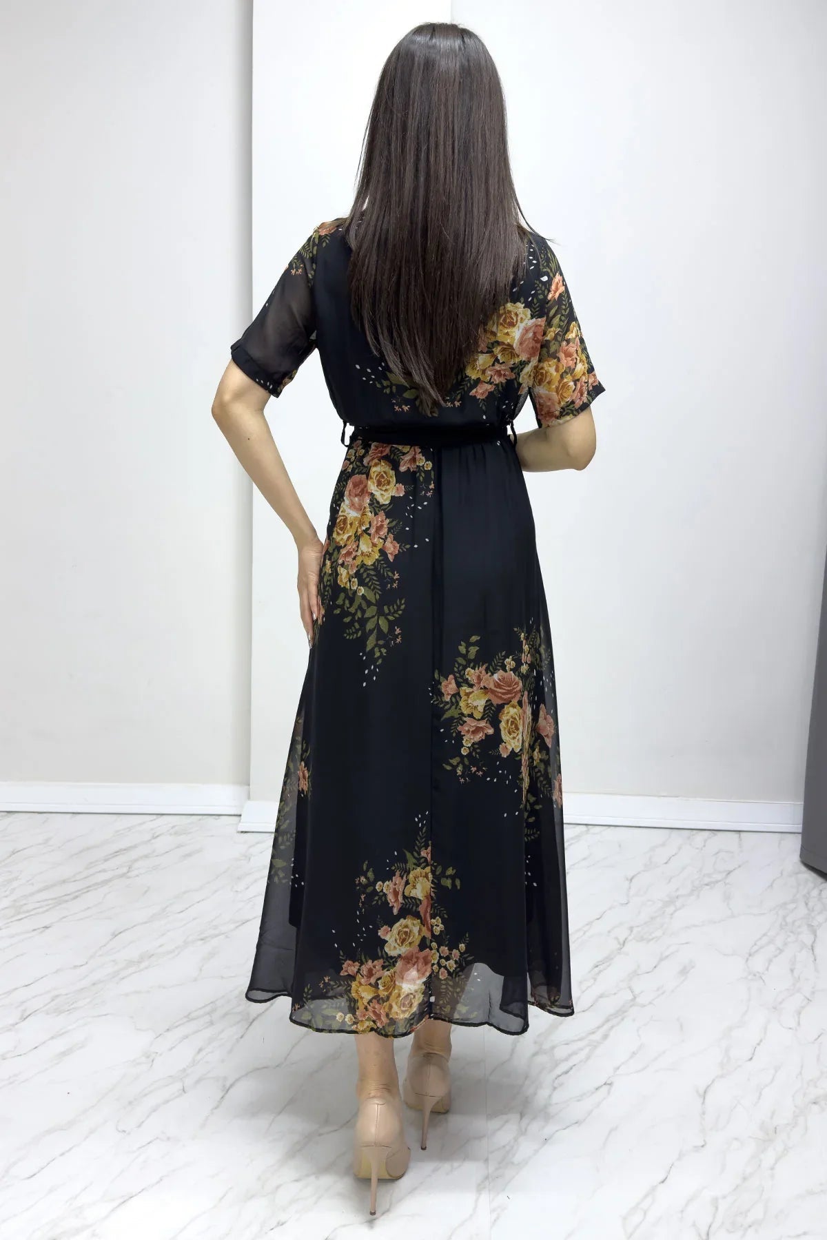 Women's Black Floral Short Sleeve Wrap Neck Plus Size Chiffon Dress