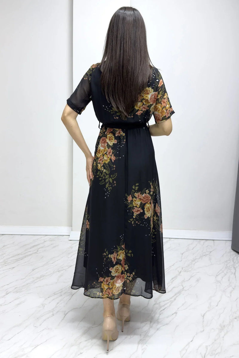 Women's Black Floral Short Sleeve Wrap Neck Plus Size Chiffon Dress
