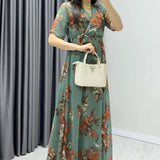 Green Floral Short-Sleeve Midi Chiffon Dress