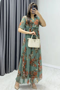 Green Floral Short-Sleeve Midi Chiffon Dress