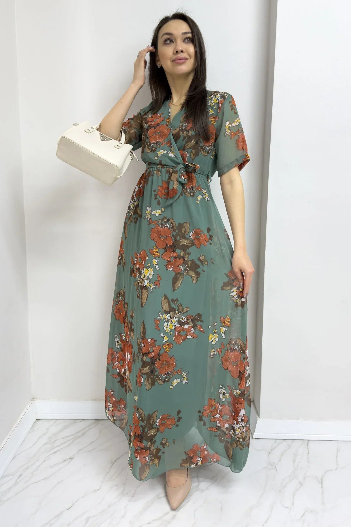Women's Green Floral Short Sleeve Wrap Neck Plus Size Chiffon Dress